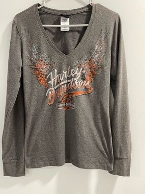 Harley-Davidson Charcoal Gray V-Neck Tee with Orange & Black Logo
